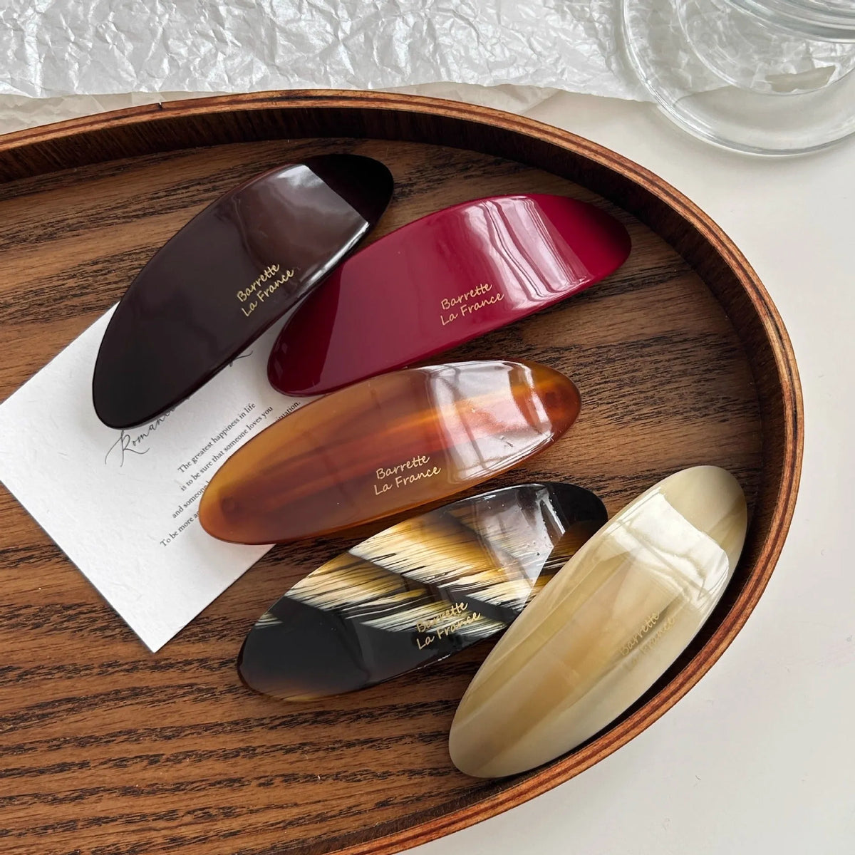 Mingshangjia French style acetic acid oval low ponytail hairpin in wine red with baking varnish finish for women