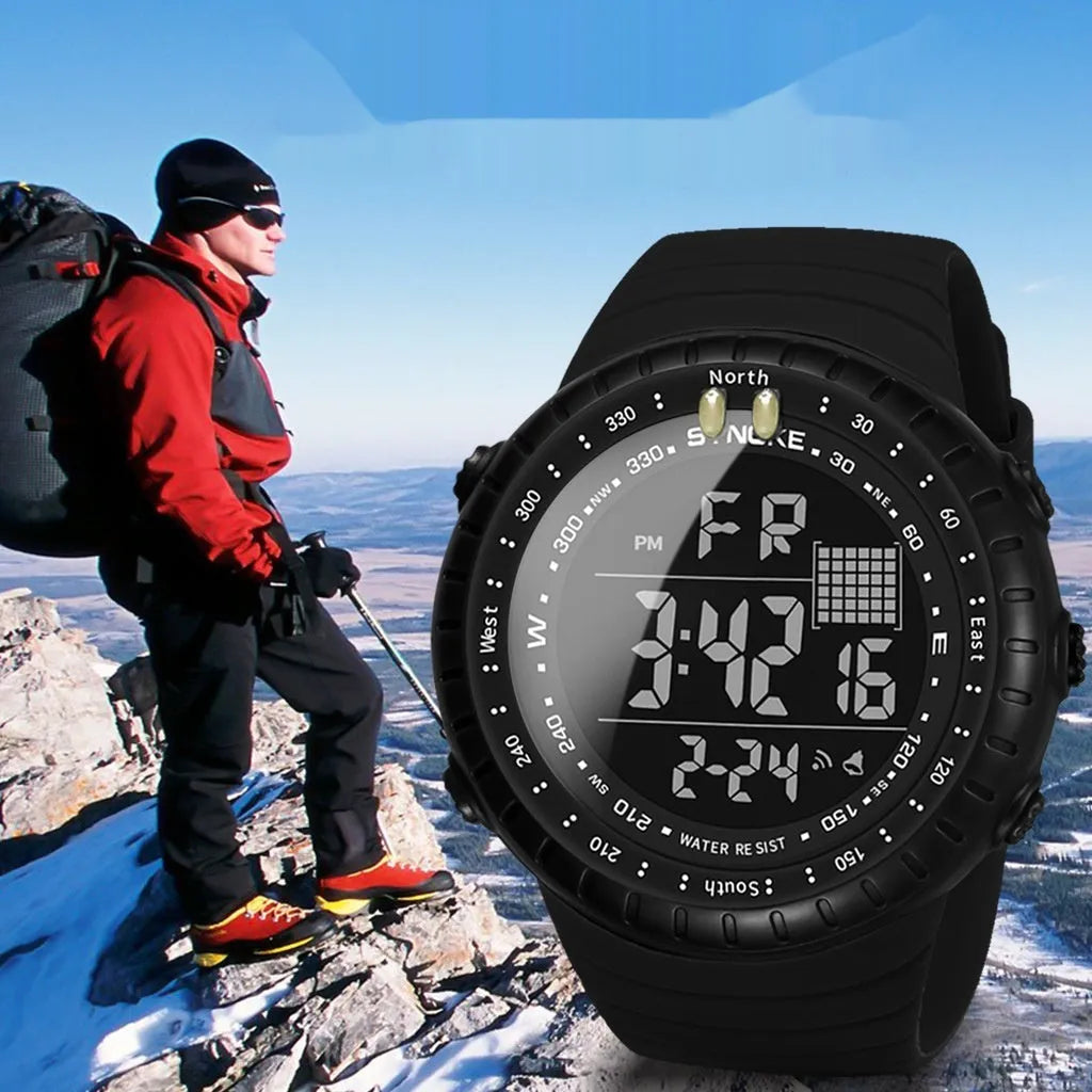 Black waterproof men's electronic watch with large dial on adjustable PU strap.