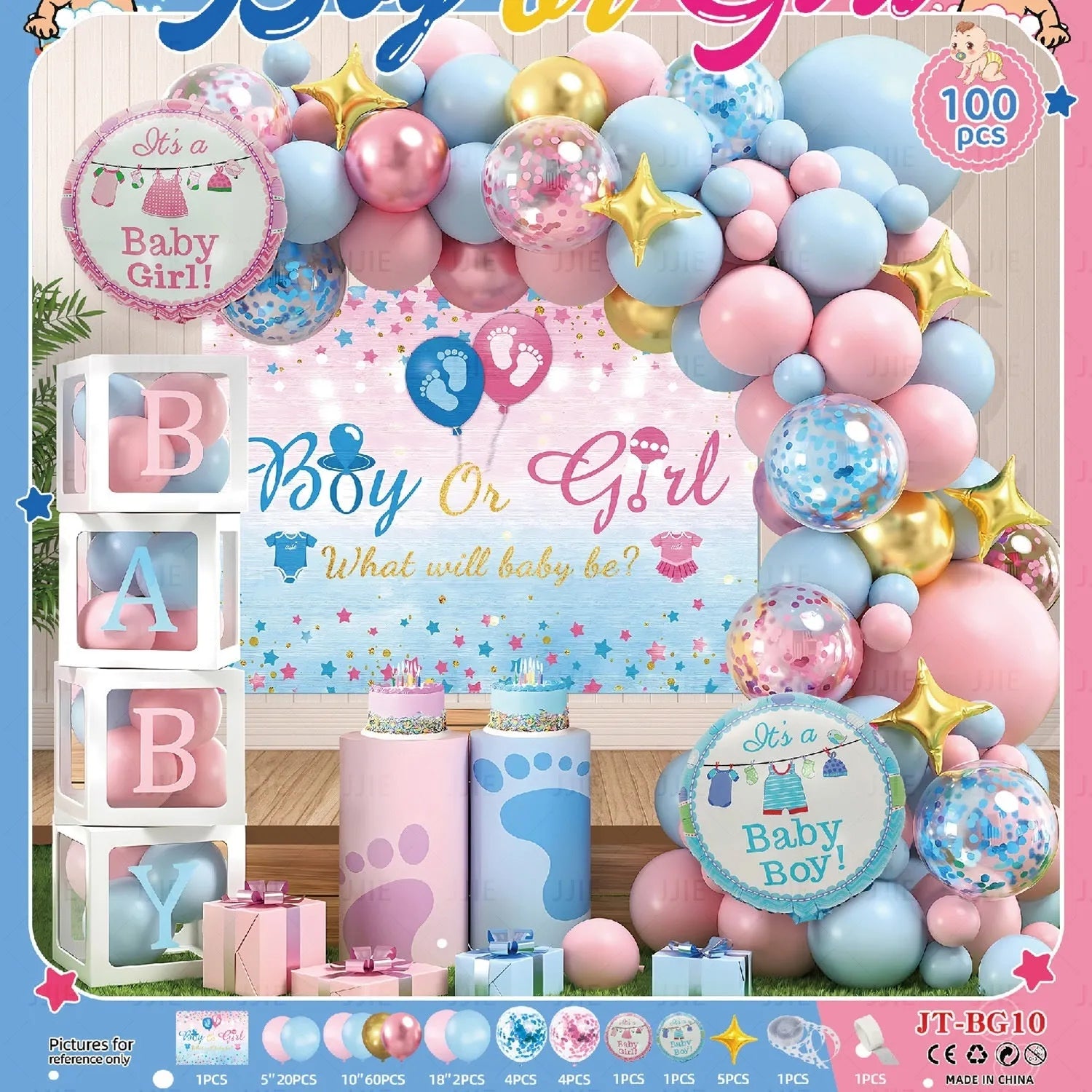 Gender reveal balloon decoration kit with aluminum foil round balloons, pink bottle, blue bottle, and ribbon