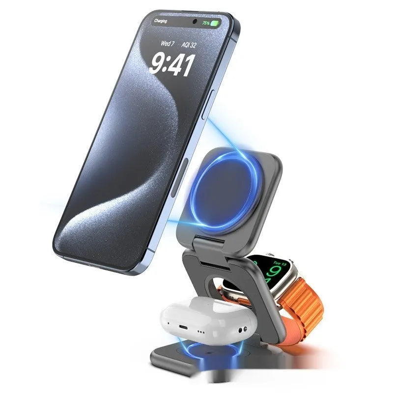 Black foldable magnetic wireless phone charger showing compact 70x70mm design with QC3.0 fast charging