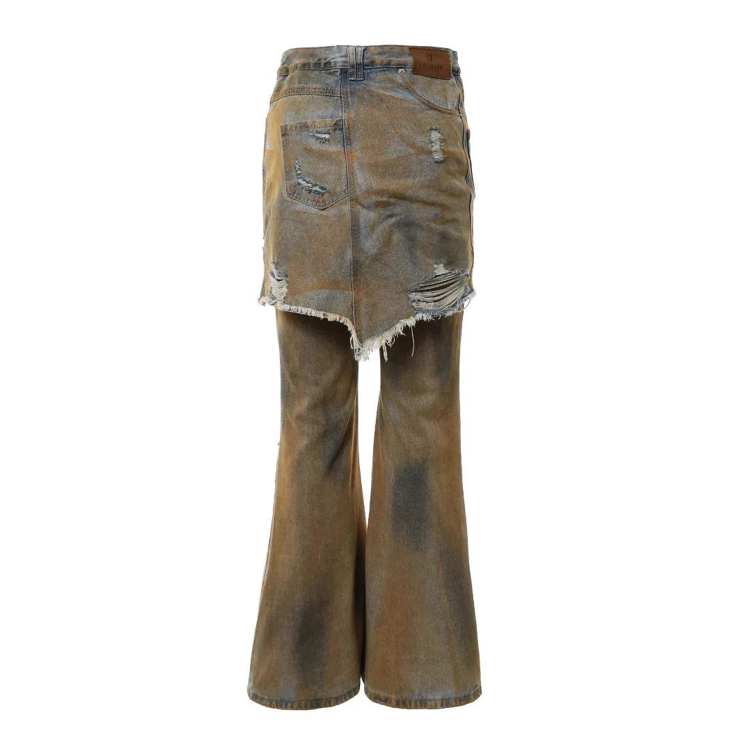 American Street loose hole bootcut pants in denim with high waist and straight-leg cut