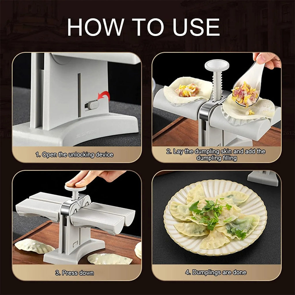 White double-head manual dumpling maker with anti-slip rubber base on a kitchen counter.