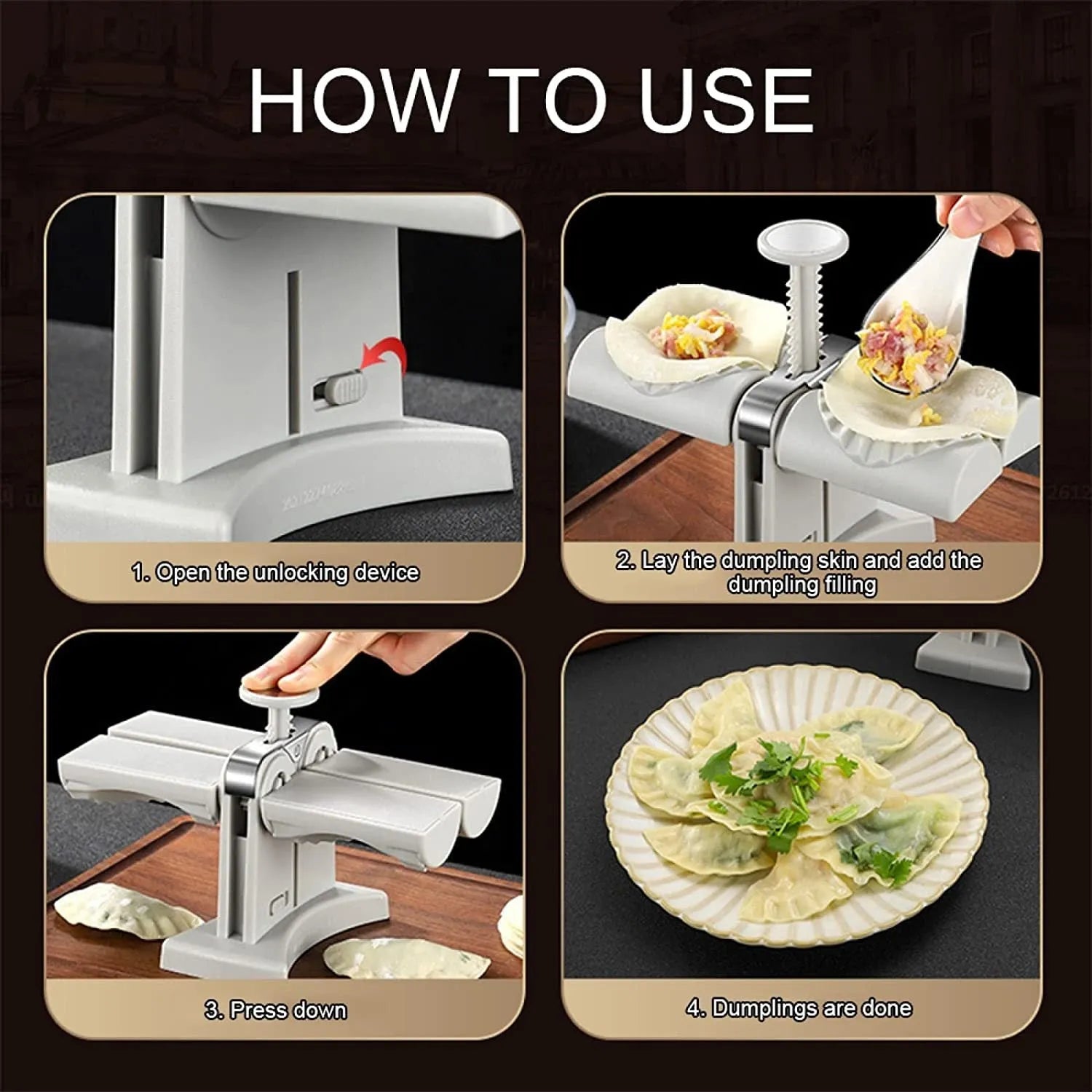 White double-head manual dumpling maker with anti-slip rubber base on a kitchen counter.