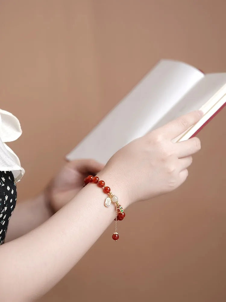 Red agate and Hetian jade beads bracelet for women with gold plating in three style variations