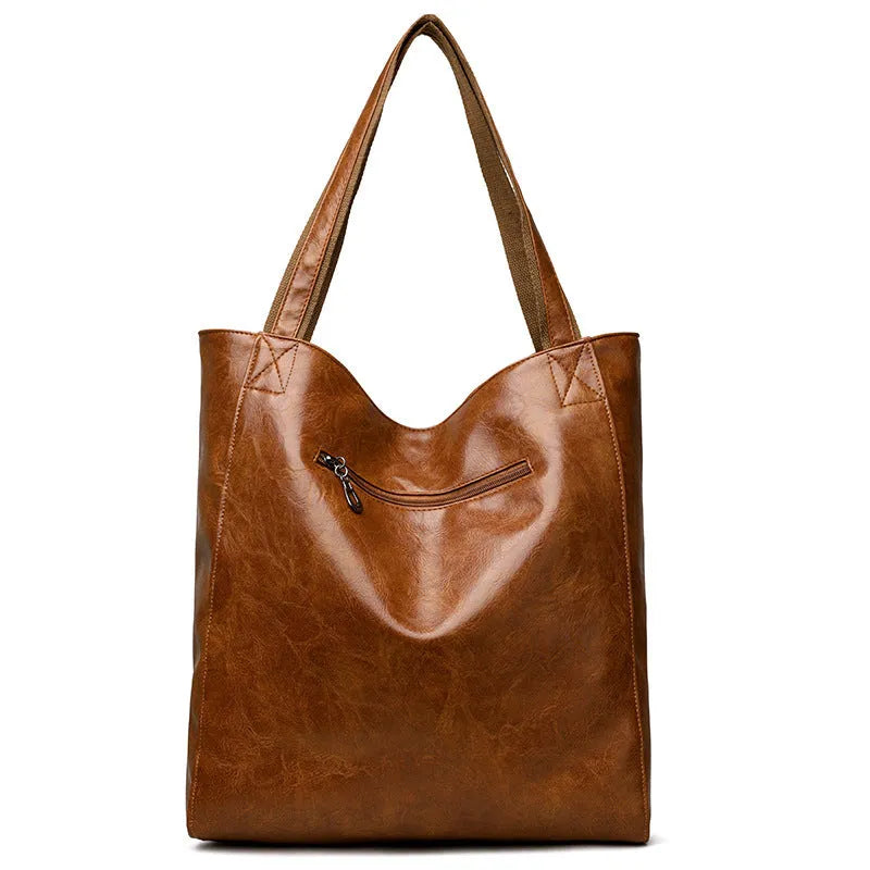 Retro oil wax PU women's shoulder bag in brown, horizontal square shape with sandwich pocket and sewing thread detailing