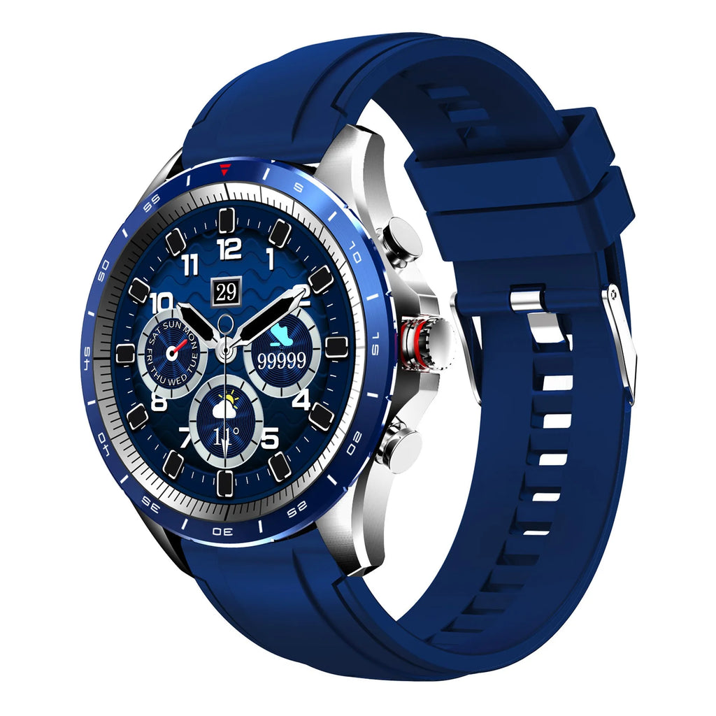 Men's black smart bracelet watch with zinc alloy case and silicone wristband on a wrist.
