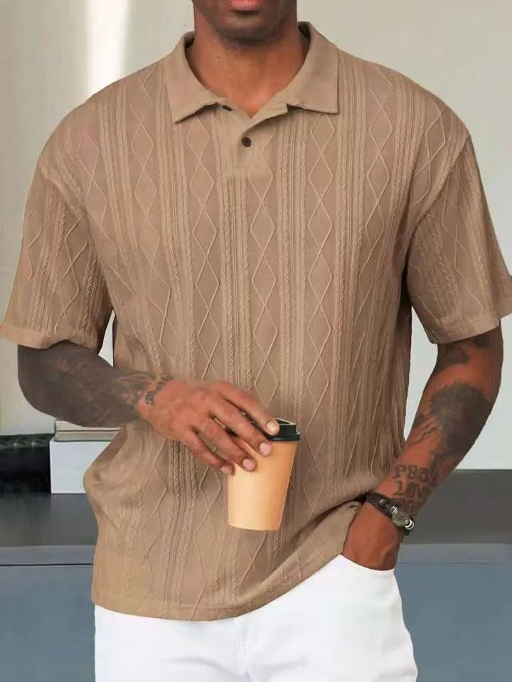 Retro button lapel short sleeve t-shirt in cotton blend fabric with loose fit design