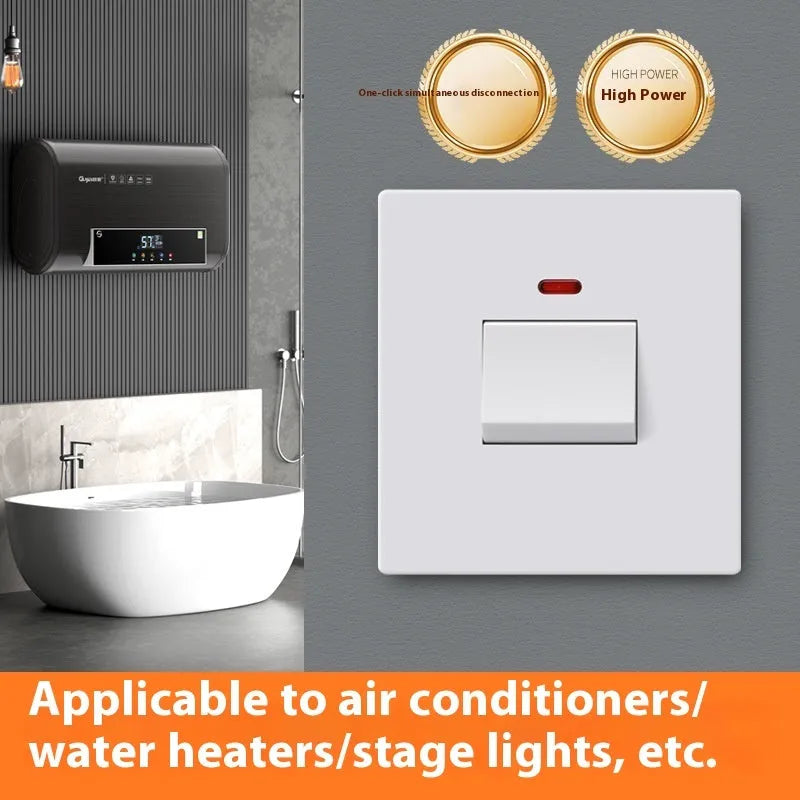 Gold coloured high current electrical switch with illuminated panel for water heater and air conditioner.