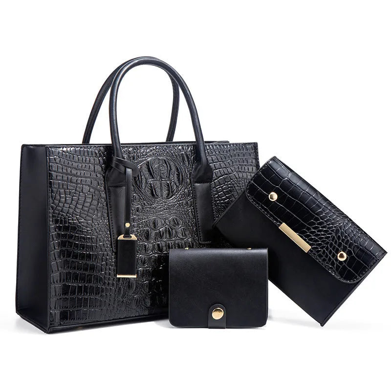 Women's three-piece PU leather shoulder bag set with crocodile pattern in four colour options