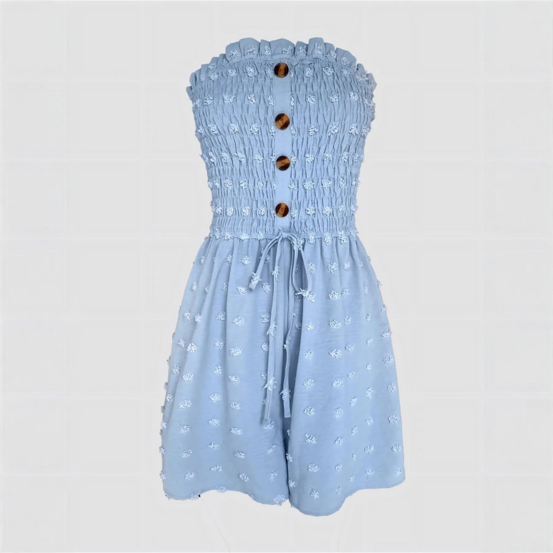 Women's sleeveless off-shoulder jumpsuit in polyester fabric showing blue colour option with button detailing