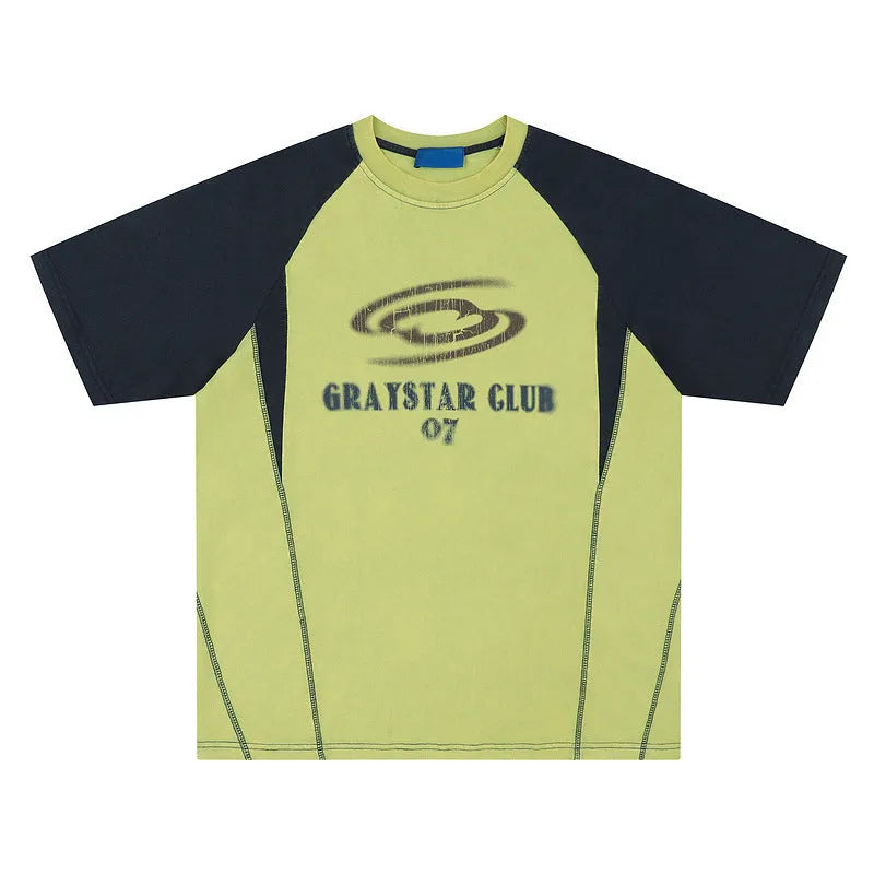 Men's blue hip hop letter print raglan sleeve T-shirt on hanger showing front graphic and sleeve detail