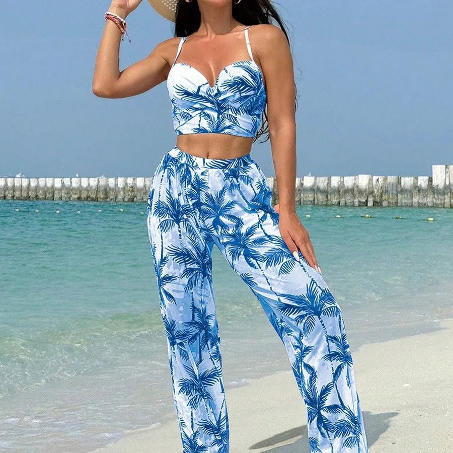Women's three-piece bikini set in printed polyester and spandex with top and pants, available in black blue emerald green