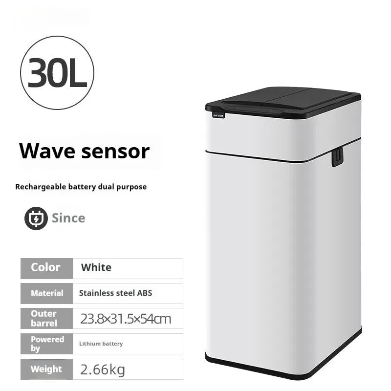 Stainless steel inductive smart trash can with a square shape and deodorant function.
