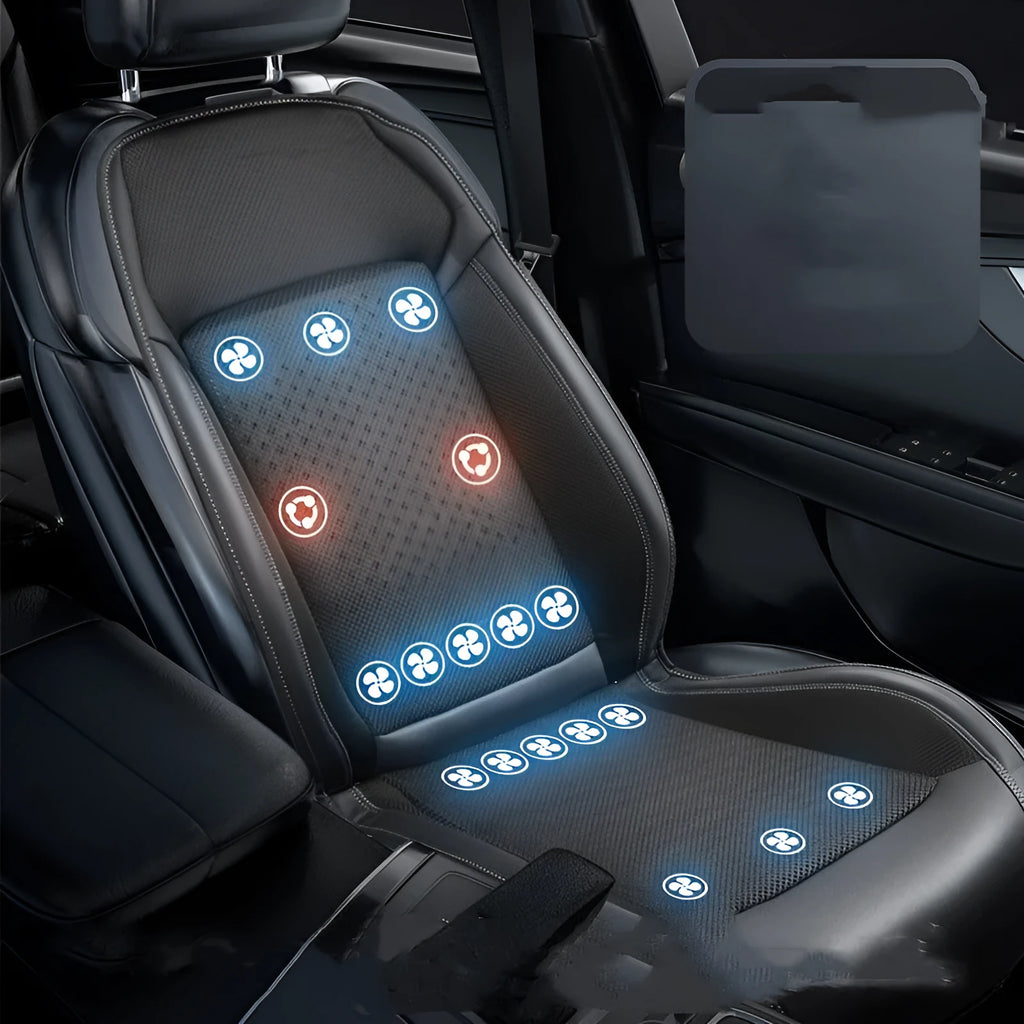 Car seat cooling pad in black with 12V USB cable connection and minimalist design
