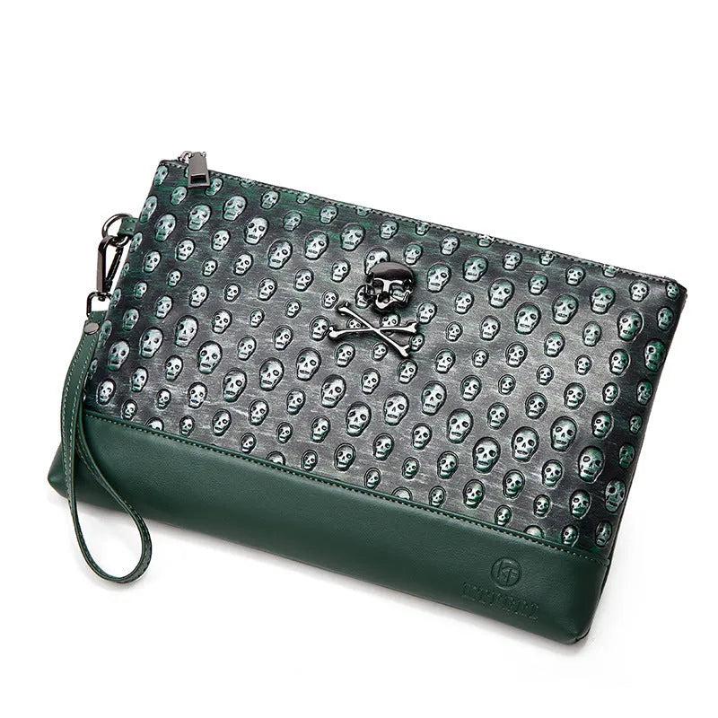 Retro men's and women's skull clutch bag in black, waterproof PU leather, geometric pattern, handheld style