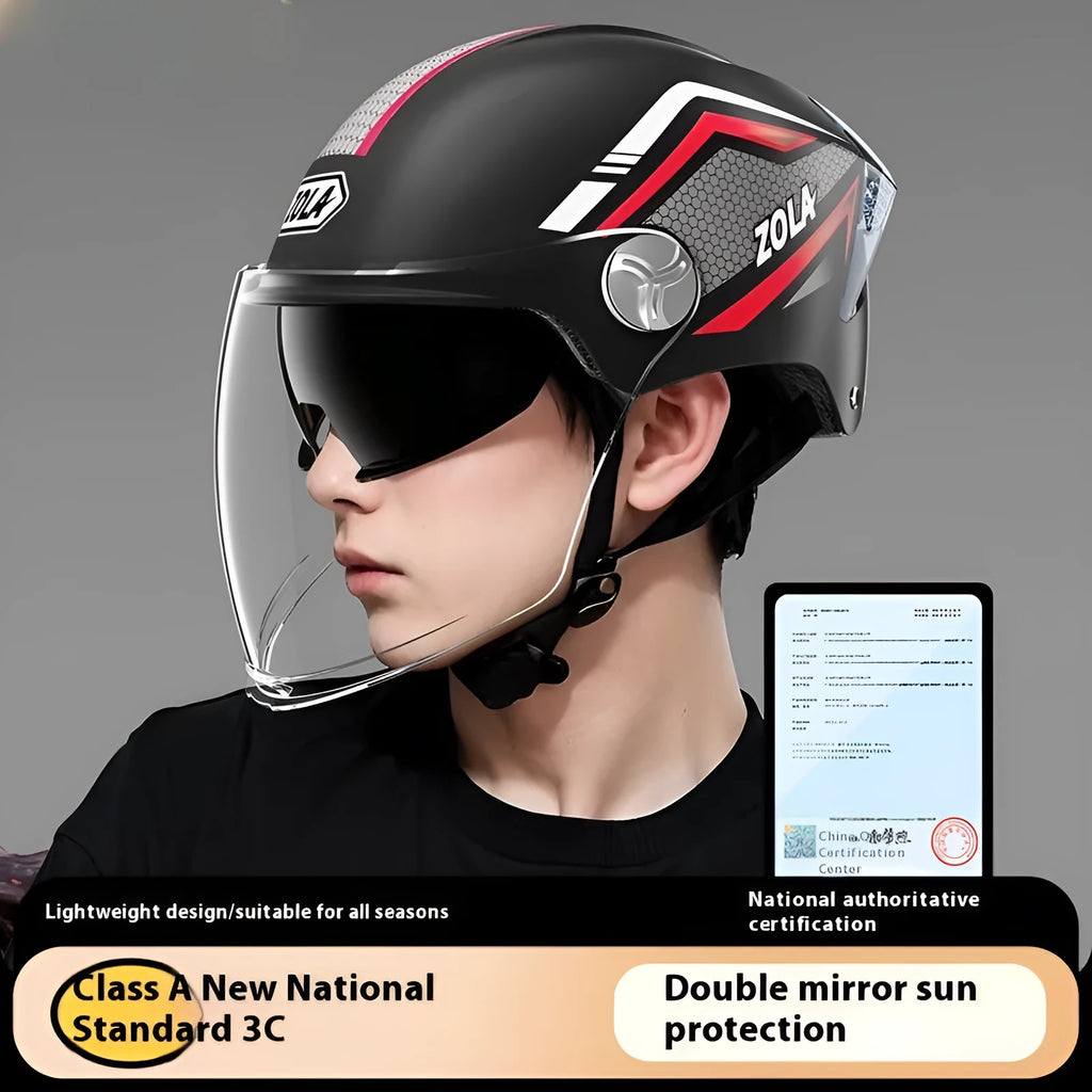 Children's universal motorcycle half helmet with a double mirror visor and ABS shell in various colour options.