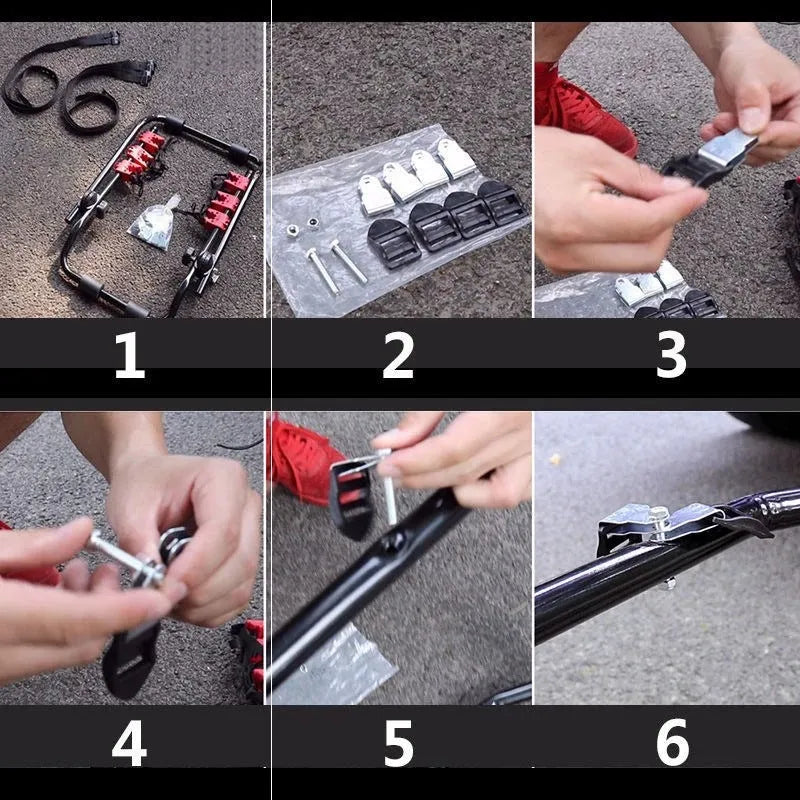 Black and red iron frame bike rack with straps for car boot mounting.