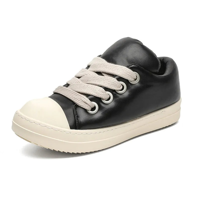 Black men's slip-on casual leather shoes with front lace-up and rubber soles