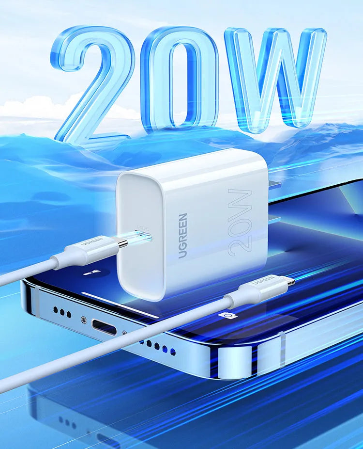 White 20W PD fast charging head, MFi certified, 70x35x90mm, 48g, with US plug for iPhone 8-14