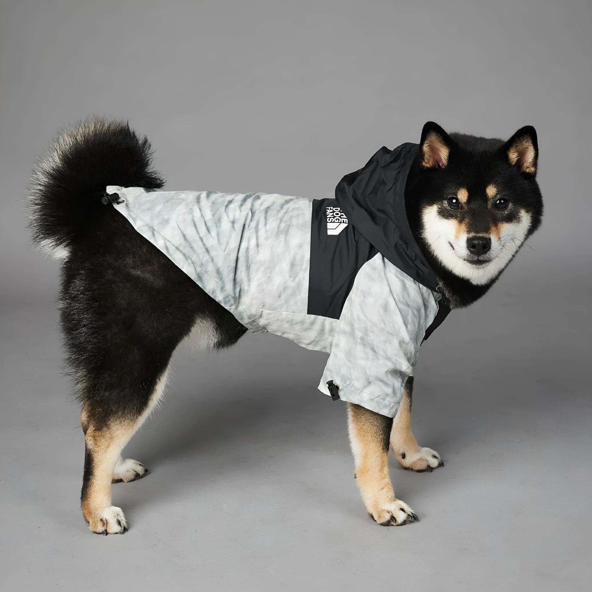 Dog shell jacket in polyester, available in sizes S-5XL, black or waste paper print.