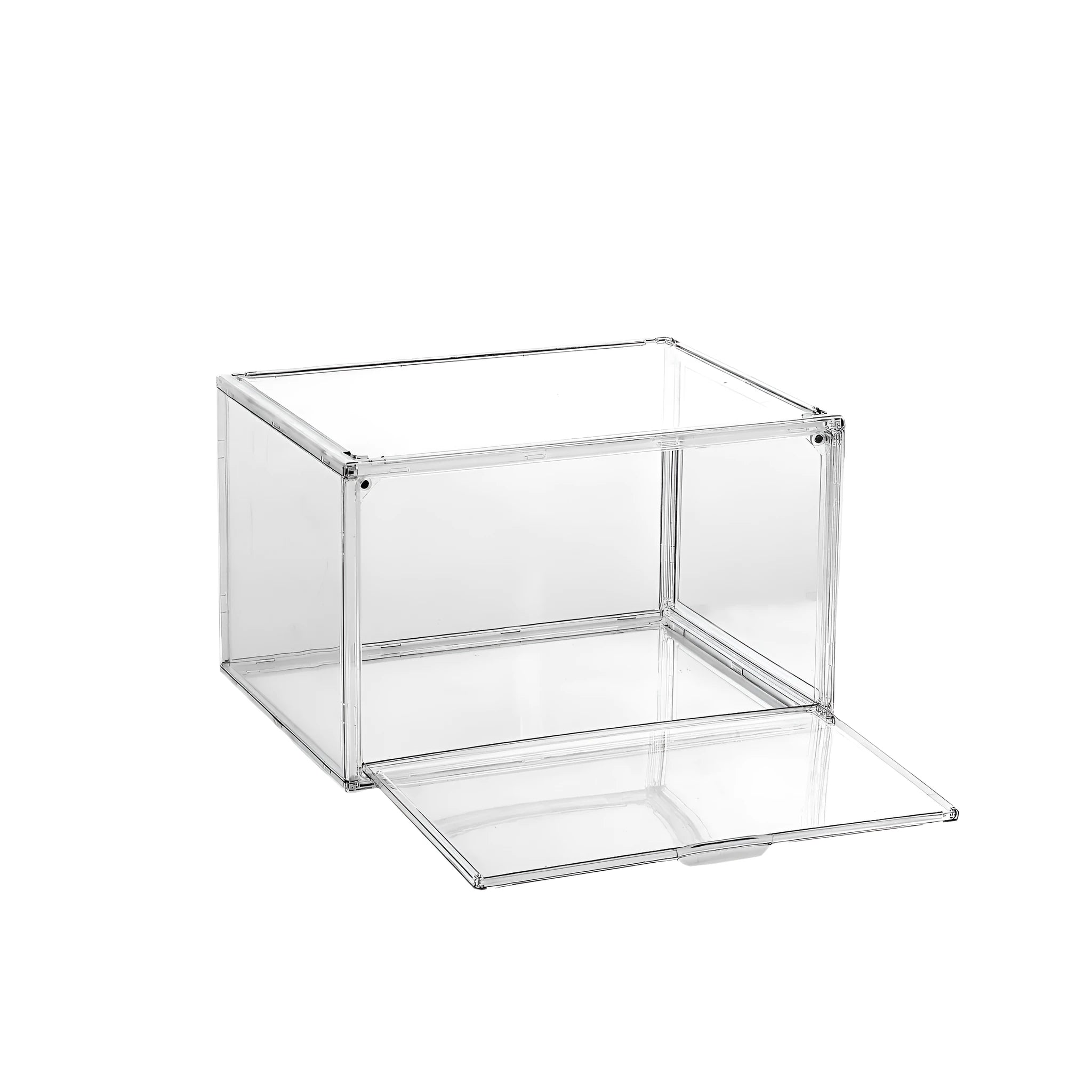 Transparent acrylic shoe storage box with magnetic side door and lid