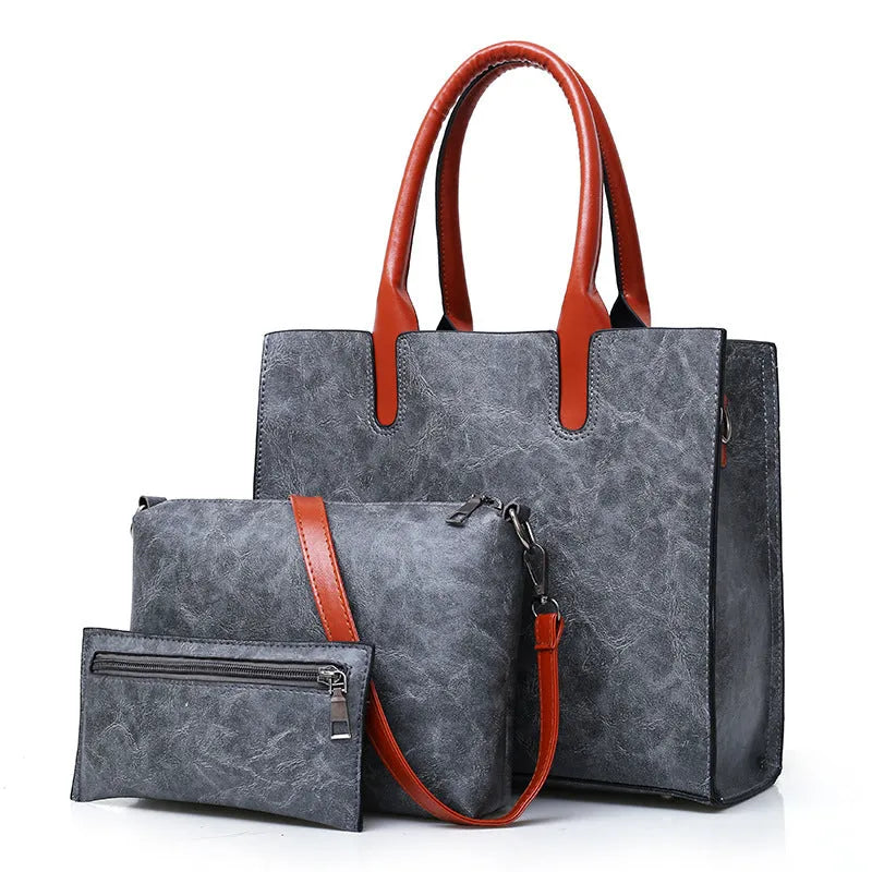 Three-piece women's PU bag set in retro style with sewing line detail, available in four solid colours