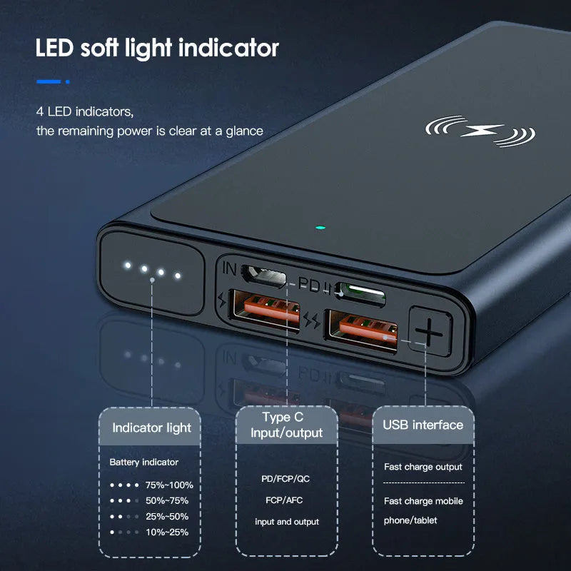 Black and blue aluminium alloy power bank with 10000mAh capacity and integrated plug for wireless charging.
