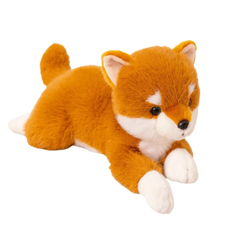 Plush simulation Shiba Inu doll in brown lying posture, 35cm height, super soft short plush fabric