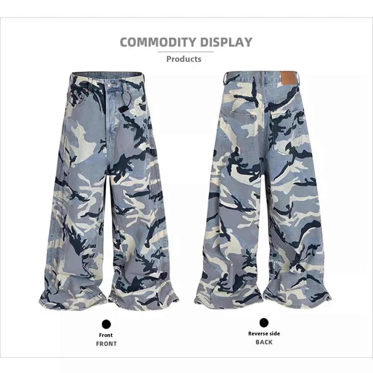 Snow camouflage blue loose fit jeans with mid waist on a hanger