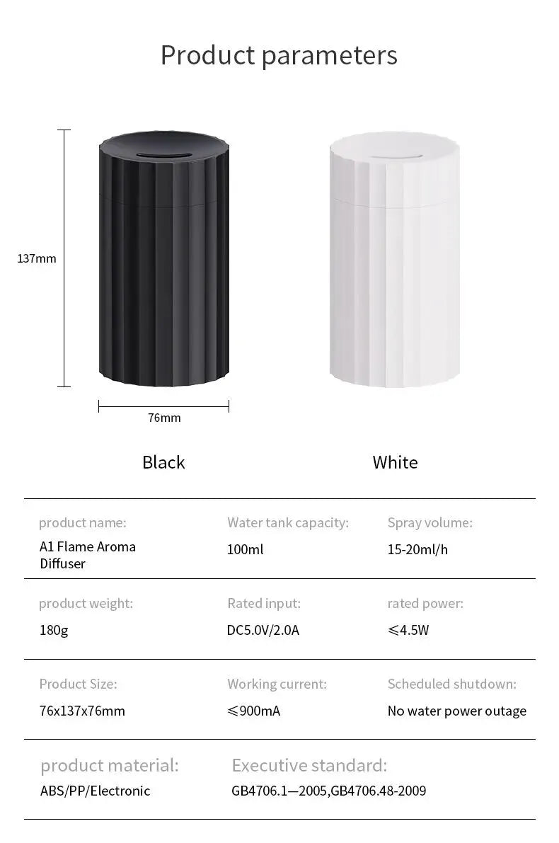 Black and white USB humidifier diffuser with simulated flame LED lights and water tank