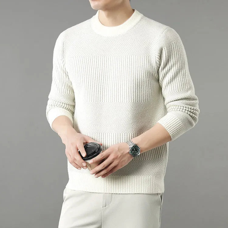 Men's thick long sleeve round neck chenille sweater in beige, shown on a model for autumn casual wear.