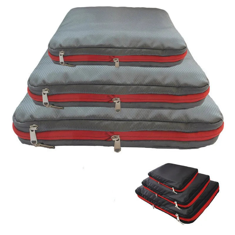 Waterproof nylon travel compression storage bag in cube shape, double-layer compressible, available in green, blue, black, grey, three sizes