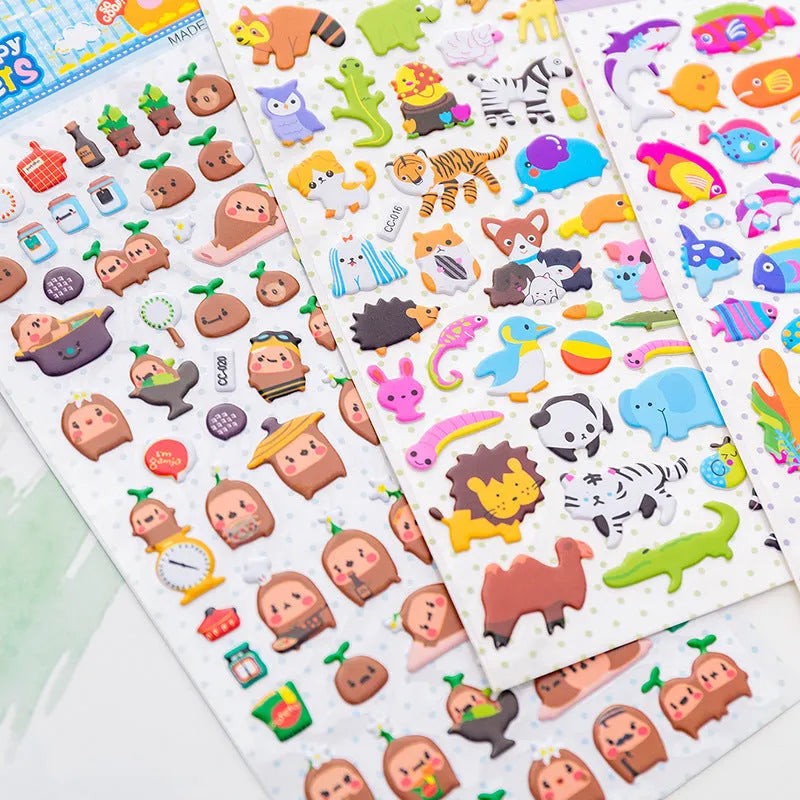 Pack of colourful 3D bubble stickers showing raised cartoon designs of an alpaca, cat, dinosaur, and sweetheart motifs.