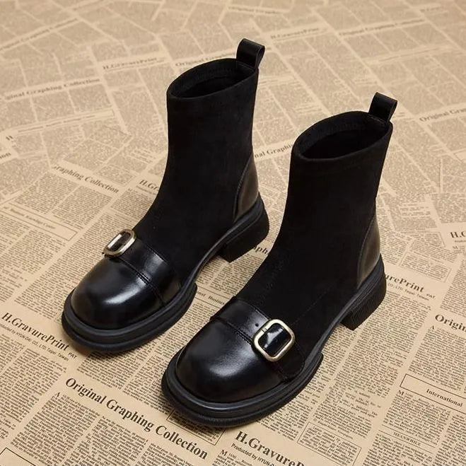 Retro British style brown sock boots for women with block heel, leather splicing, belt buckle, and round toe