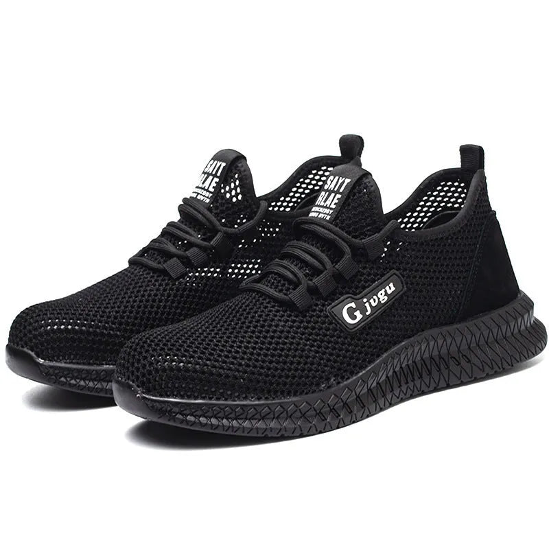 Men's low-top Flyknit work shoes with steel toe cap in black, grey, and yellow colour options.