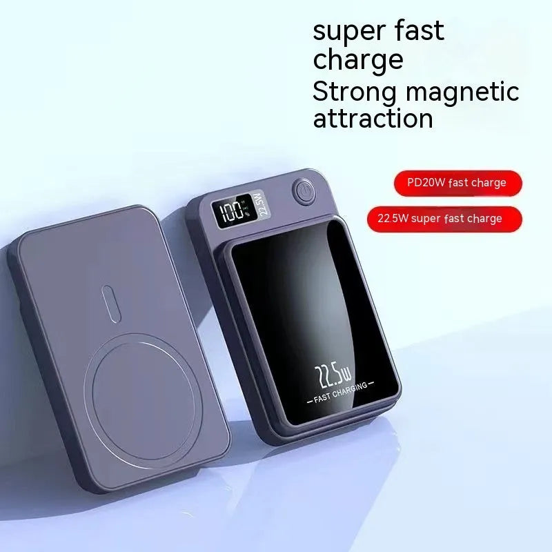 Magsafe wireless power bank in industrial style with plastic shell showing black, green, purple and white colour options