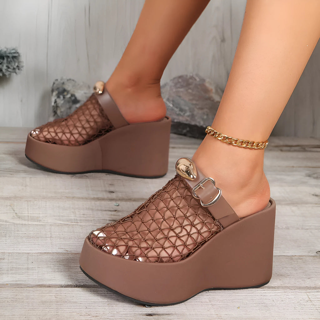 Metal buckle thick sole openwork mesh sandals with ultra-high heel, black colour