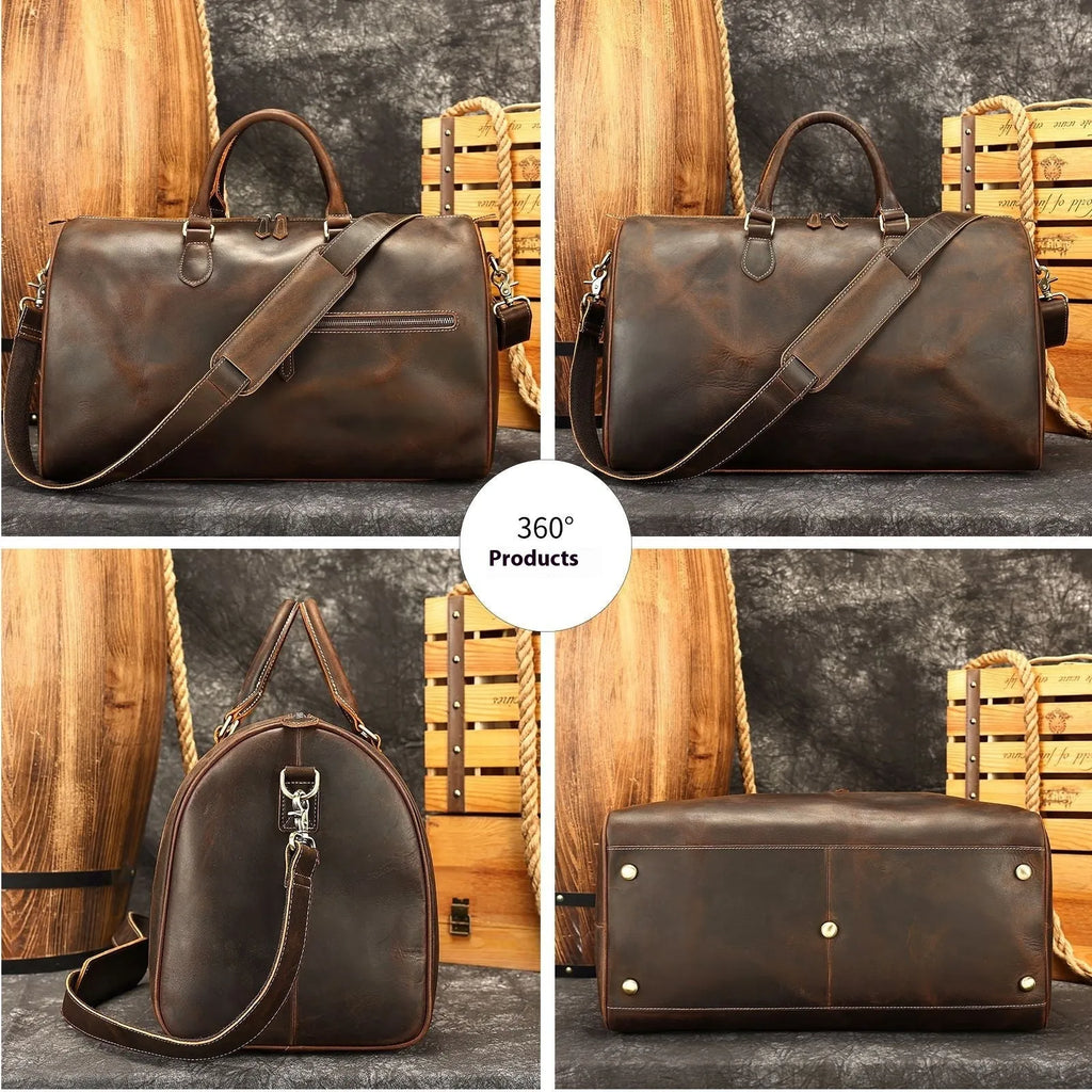 Men's large vintage genuine leather crossbody bag in black, shown with dimensions 48.3cm wide by 25cm deep.
