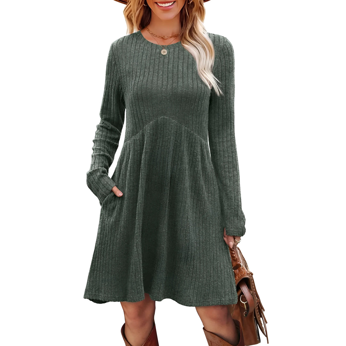 Women's bohemian brushed sunken stripe princess dress with wide waist in solid colour, mid skirt length, sizes S-XXL.