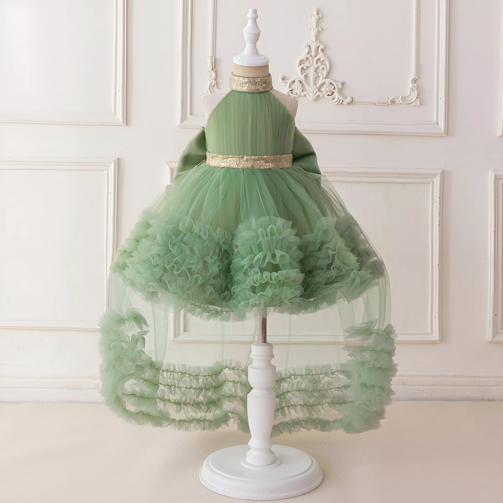 Girls evening dress with mesh pleated pettiskirt in white, black, purple, avocado green, bean pink, purplish red or dark green