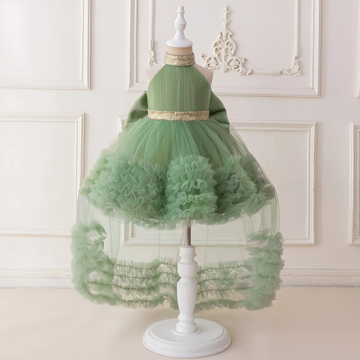 Girls evening dress with mesh pleated pettiskirt in white, black, purple, avocado green, bean pink, purplish red or dark green