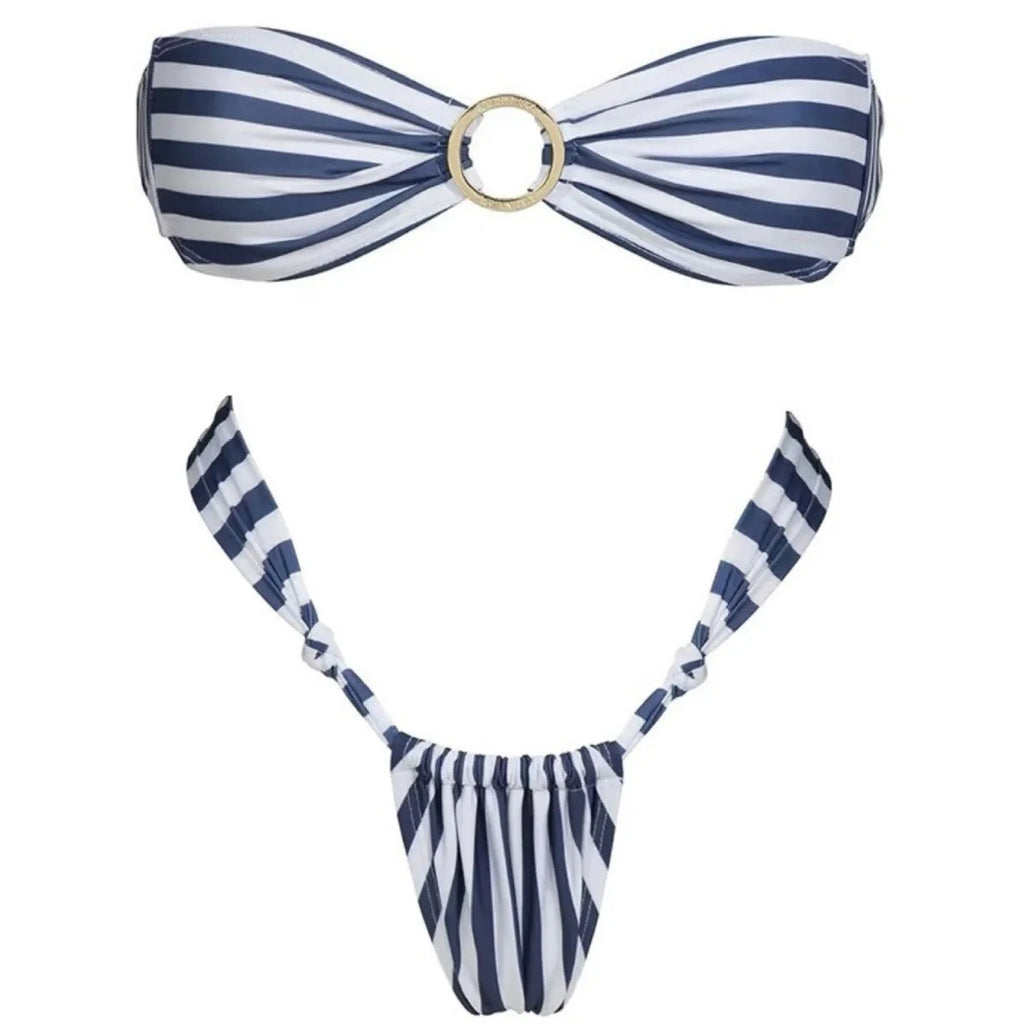 Striped tube top bikini in stripes, backless design, available in S, M, L, made of polyester for swimming and fitness