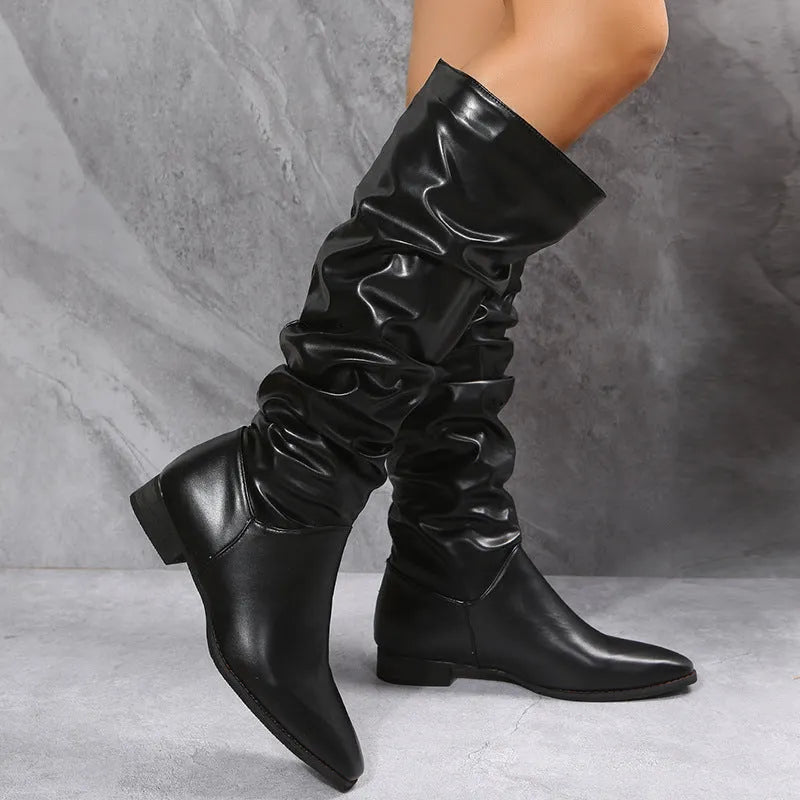 White cowboy boots for women with pointed toe, low chunky heel, side zipper, and high tube, sizes 35-43