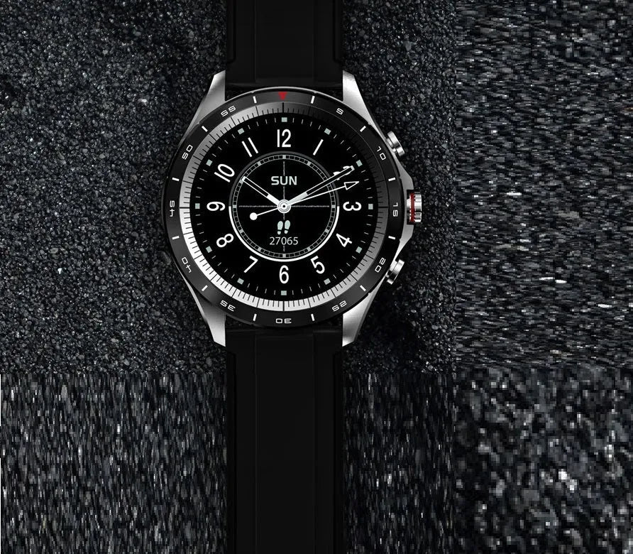 Men's black smart bracelet watch with zinc alloy case and silicone wristband on a wrist.