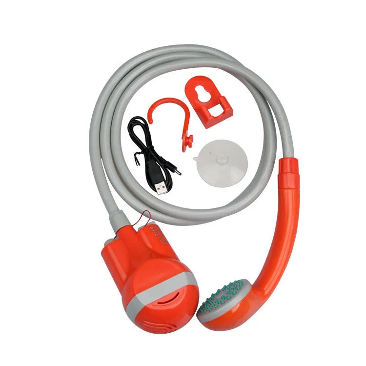 Outdoor electric portable shower in bright orange and yellow with ABS body and 1.8m PVC hose