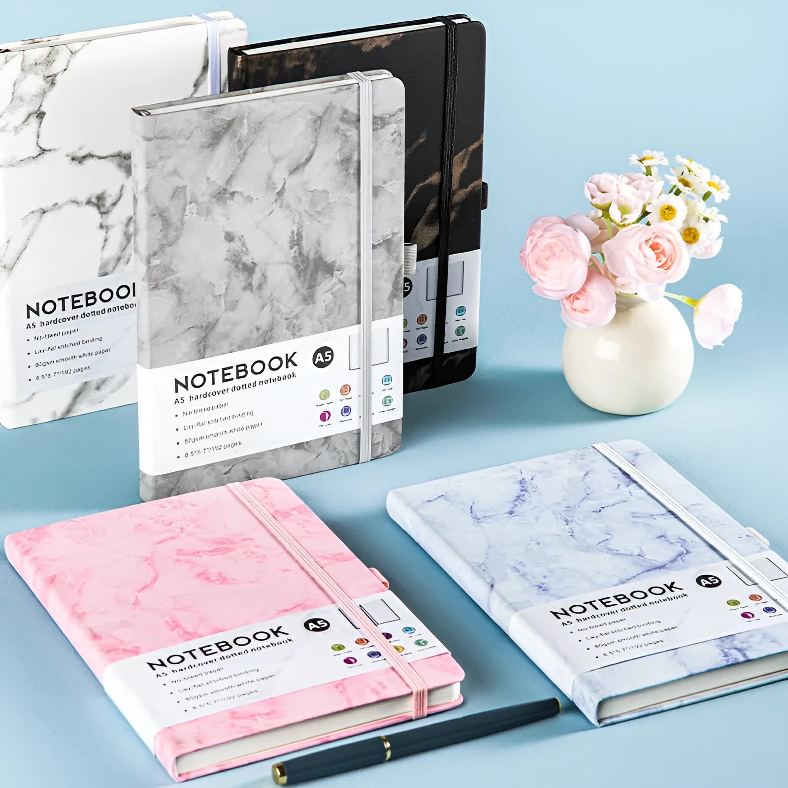 A5 soft skin-feel Pu leather notebook with lined pages, shown in a selection of available colours.