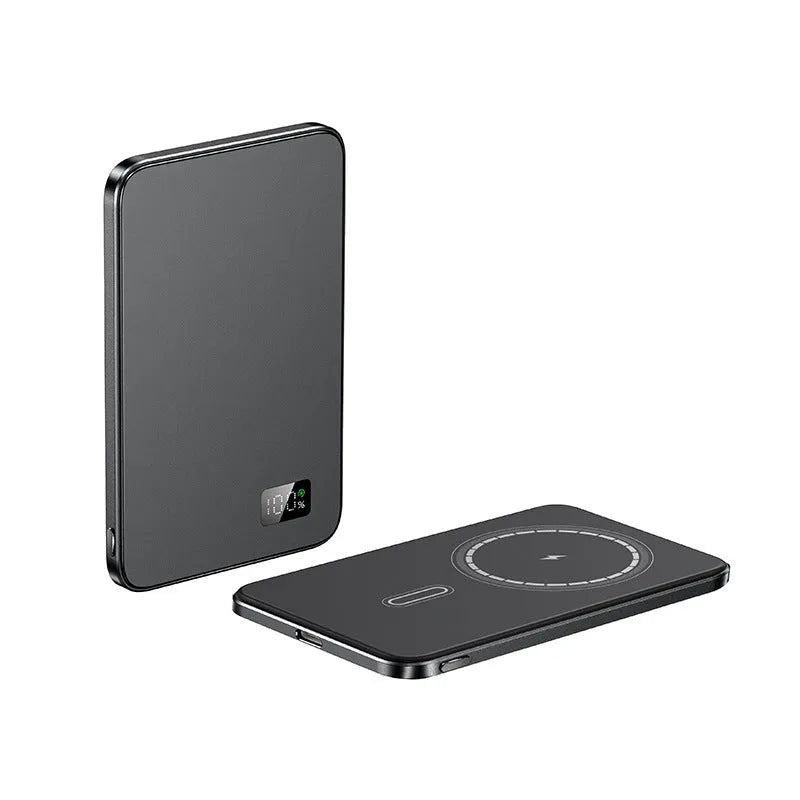 Simple thin wireless magnetic power bank F20 in black with alloy shell on a table