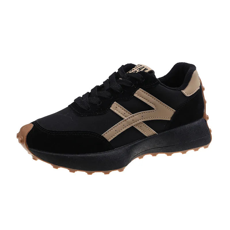 Women's beige casual dad sports shoes with cross shoulder strap, breathable mesh and PU upper, flat heel