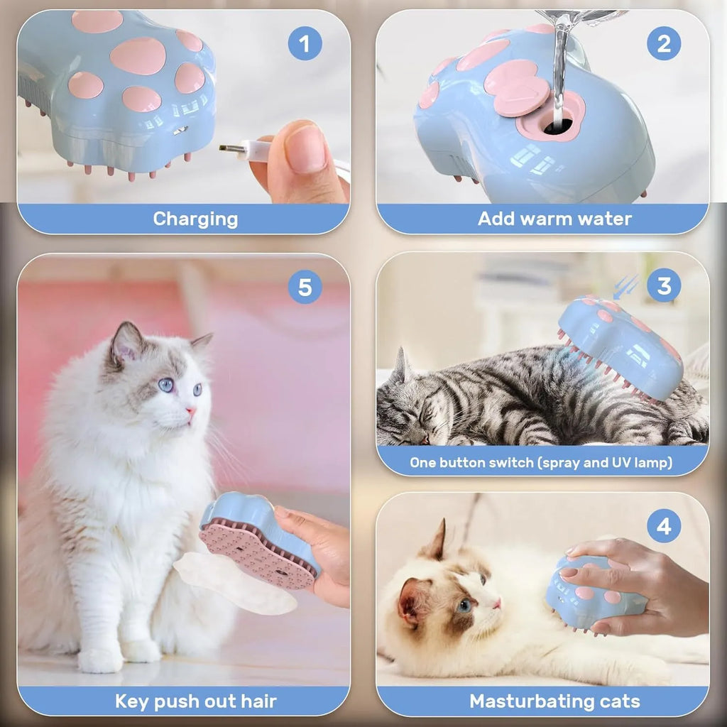 Self-cleaning cat steam brush with blue light and silicone bristles for pet grooming