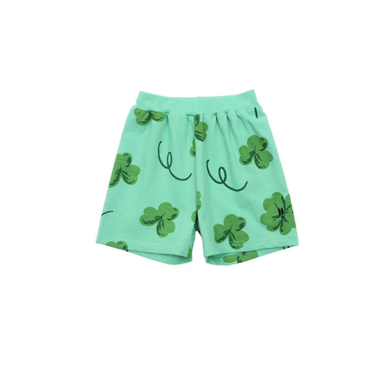 Green four-leaf clover cotton T-shirt and shorts set for children, available in sizes 90cm to 150cm